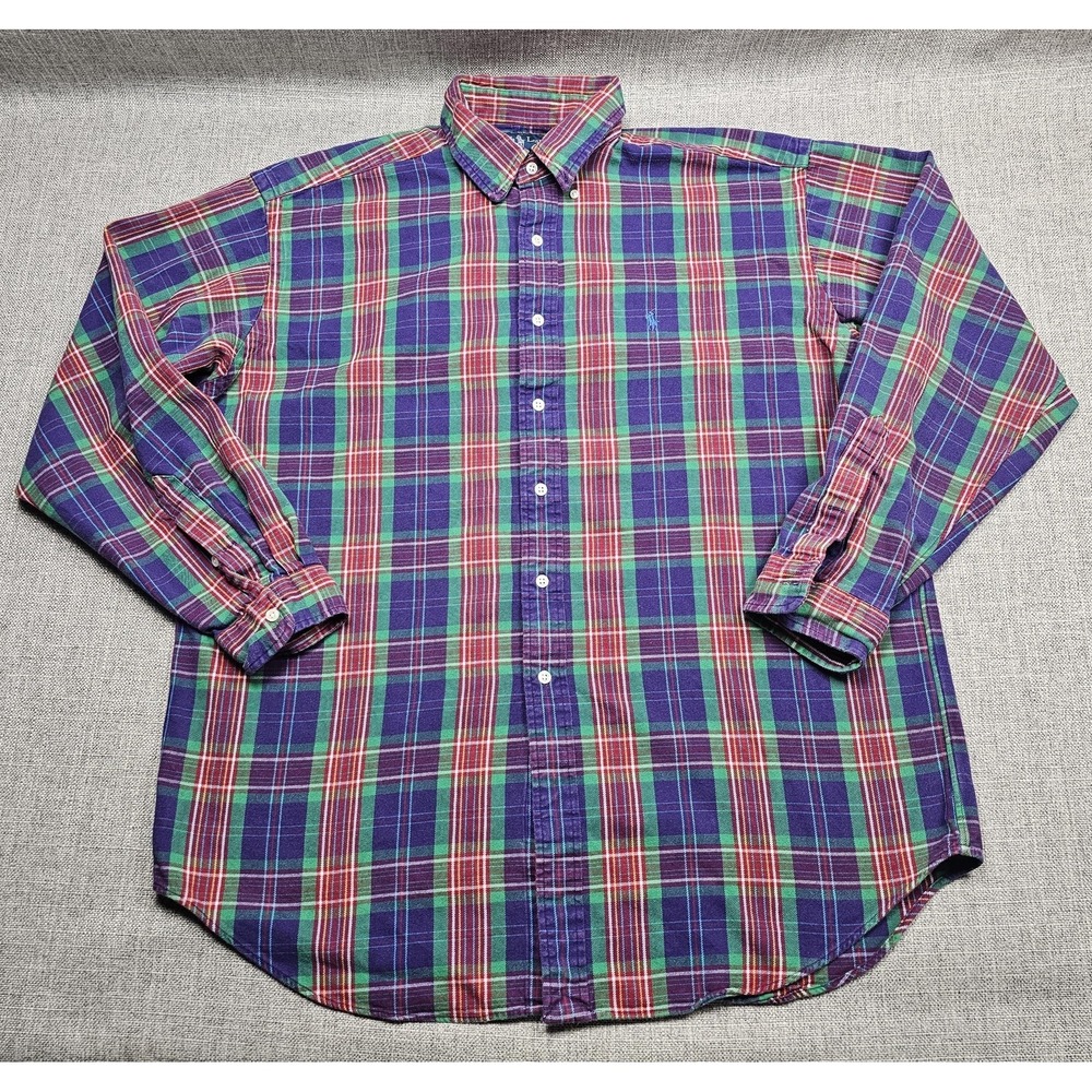 Ralph Lauren Shirt Mens Large Purple Green Plaid Blake 100% Cotton Button Down